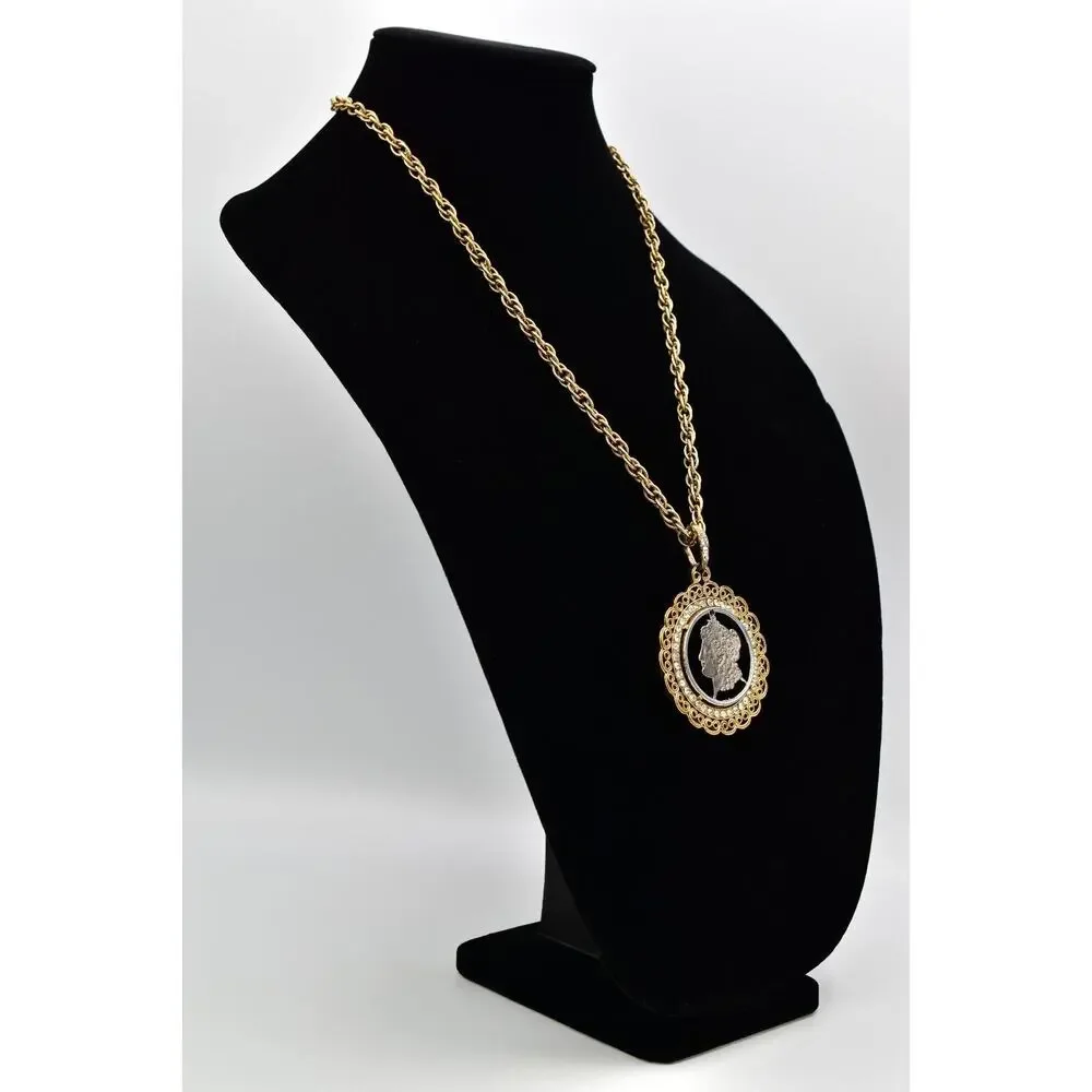 Vintage Carved Coin Heavy Pendant Necklace Crystal Chain Gold Chunky 1970s BinBH